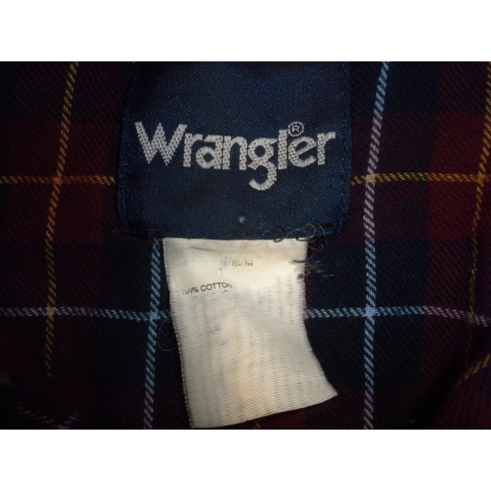Wrangler Shirt Mens L Red Blue Plaid Pearl Snap Flannel Yoke Raw Hem Western - Picture 5 of 8